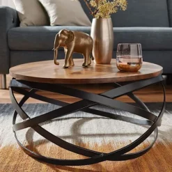 Rootz sofabord 60x30x60 cm Sheesham massivt træ - metal sofabord - Design stuebord rundt - Stuebord industribrun - Designer træbord sofabord massivt - | Fyndiq
