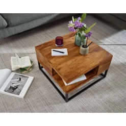 Rootz sofabord 60x60x34,5 cm Sheesham massivt træ - metal hjørne sofabord - Stuebord med opbevaringsplads - Solid sofabord - Lille bord sidebord stue | Fyndiq