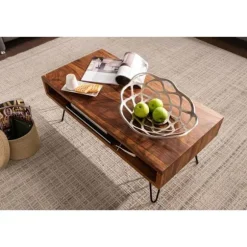 Rootz sofabord 100x40x50 cm Sheesham massivt træ - metal sofabord - Design sofabord rektangulært Massivt sofabord - Stort bord stue