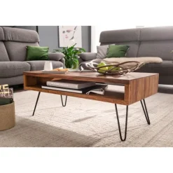 Rootz sofabord 100x40x50 cm Sheesham massivt træ - metal sofabord - Design sofabord rektangulært Massivt sofabord - Stort bord stue