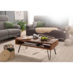 Rootz sofabord 100x40x50 cm Sheesham massivt træ - metal sofabord - Design sofabord rektangulært Massivt sofabord - Stort bord stue