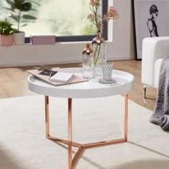 Rootz sofabord 58,5x42x58,5cm hvid - kobber sofabord metal rundt - Designer retro sofabord moderne - Lille loungebord med metalramme - Rundt bakkebord | Fyndiq