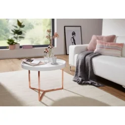Rootz sofabord 58,5x42x58,5cm hvid - kobber sofabord metal rundt - Designer retro sofabord moderne - Lille loungebord med metalramme - Rundt bakkebord | Fyndiq