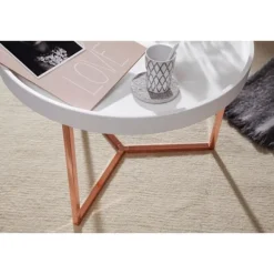 Rootz sofabord 58,5x42x58,5cm hvid - kobber sofabord metal rundt - Designer retro sofabord moderne - Lille loungebord med metalramme - Rundt bakkebord | Fyndiq