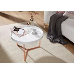 Rootz sofabord 58,5x42x58,5cm hvid - kobber sofabord metal rundt - Designer retro sofabord moderne - Lille loungebord med metalramme - Rundt bakkebord | Fyndiq