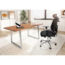 Rootz solidt kontorbord - Moderne skrivebord - Expression Kanter - Naturligt trækorn - Trapezformede metalben - 120 cm x 60 cm x 76 cm