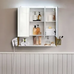 Rootz Spejlskab - Badeværelsesskab - Vægspejlskab - Spejlskab Med Belysning - Badeværelses Opbevaringsskab - Spånplade/Stål/Glas - Hvid-Guld - 70 x 14 | Fyndiq