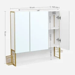 Rootz Spejlskab - Badeværelsesskab - Vægspejlskab - Spejlskab Med Belysning - Badeværelses Opbevaringsskab - Spånplade/Stål/Glas - Hvid-Guld - 70 x 14 | Fyndiq