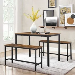 Rootz Spisebord - Køkkenbordssæt med 2 bænke hver (97 x 30 x 50) cm - Metalstel - Industrielt design (110 x 70 x 75 cm)