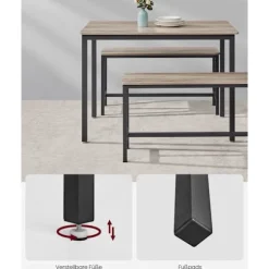 Rootz spisebord sæt med 2 bænke - køkkenbord - spisestue - holdbart spånplade og stål - 70 cm x 110 cm x 75 cm -brown -sort