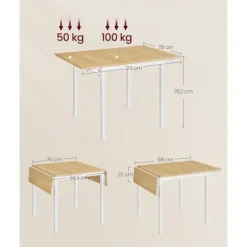 Rootz spisebord til 2-4 personer - Naturlig egefarve - Skyhvid - Spånpladestål - 78 cm x 120 cm x 76,2 cm - Bærbart foldbart bord