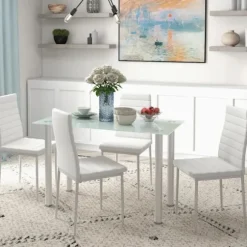 Rootz Spisegruppe - Spisebord med 4 stole - Moderne Design - Glasbord - Kunstlæder - Hvid - 120cm x 60cm x 97cm