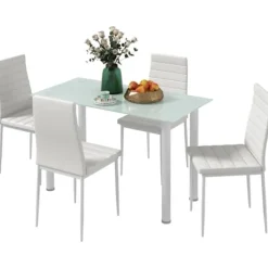 Rootz Spisegruppe - Spisebord med 4 stole - Moderne Design - Glasbord - Kunstlæder - Hvid - 120cm x 60cm x 97cm