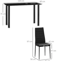 Rootz Spisegruppe - Spisebord med 4 stole - Moderne Design - Glasbord - Kunstlæder - Sort - 120cm x 60cm x 97cm