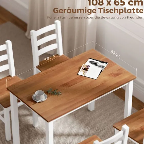 Rootz Spisegruppe Sæt - Spisebord - 4 Stole - Pladsbesparende - Fyrretræ - Brun+Hvid - Bord 108cm x 77cm; Stol 42cm x 46cm x 86cm