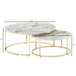 Rootz Sæt med 2 hvidguld Marmorlook Sofabord Rundt Moderne - Sofaborde 2-delt metal - Runde stueborde - Design indskudsborde