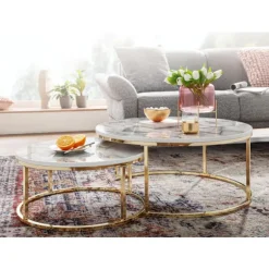 Rootz Sæt med 2 hvidguld Marmorlook Sofabord Rundt Moderne - Sofaborde 2-delt metal - Runde stueborde - Design indskudsborde