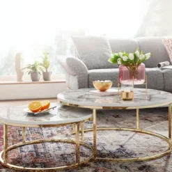 Rootz Sæt med 2 hvidguld Marmorlook Sofabord Rundt Moderne - Sofaborde 2-delt metal - Runde stueborde - Design indskudsborde