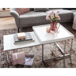 Rootz Sæt med 2 Træ - Metal Sofabord Firkantet Hvid Moderne - Sidebord 2-delt - Design stueborde - Træbord indskudsborde