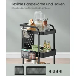Rootz Steel Køkkenvogn - Rullevogn - Organiseringsstativ - 10 kg hyldekapacitet - 32,3 cm x 49,4 cm x 73,9 cm - Blæk sort