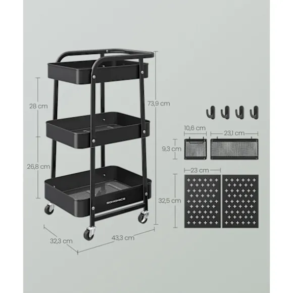 Rootz Steel Køkkenvogn - Rullevogn - Organiseringsstativ - 10 kg hyldekapacitet - 32,3 cm x 49,4 cm x 73,9 cm - Blæk sort