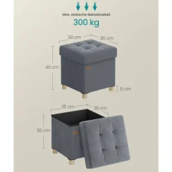 Rootz Storage fodskammel - Velvet Ottoman - Siddepladser med opbevaring - 37L kapacitet - 38x38x40cm - Grå