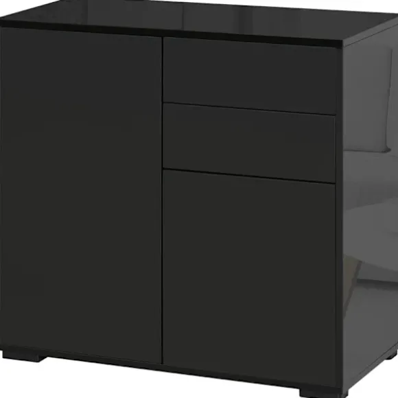 Rootz Ståskab - Skænk Kommode - Moderne Stil - 2 Skuffer - 2 Skabe - Spånplade - Sort - 79W x 36D x 74H cm