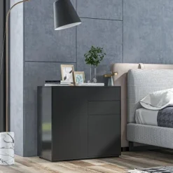 Rootz Ståskab - Skænk Kommode - Moderne Stil - 2 Skuffer - 2 Skabe - Spånplade - Sort - 79W x 36D x 74H cm