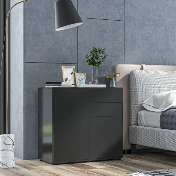 Rootz Ståskab - Skænk Kommode - Moderne Stil - 2 Skuffer - 2 Skabe - Spånplade - Sort - 79W x 36D x 74H cm