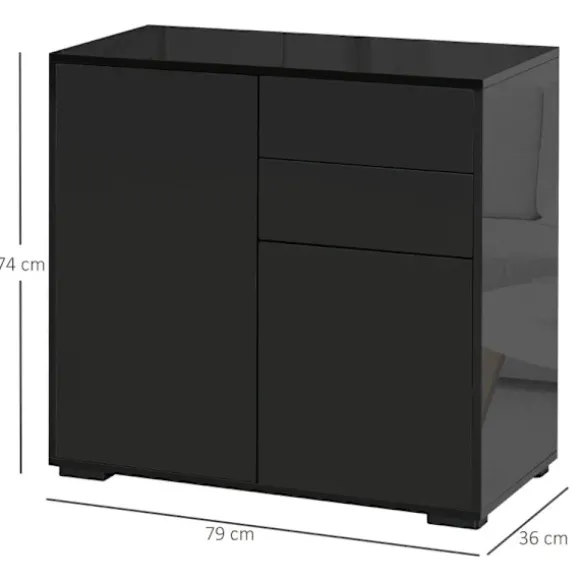 Rootz Ståskab - Skænk Kommode - Moderne Stil - 2 Skuffer - 2 Skabe - Spånplade - Sort - 79W x 36D x 74H cm