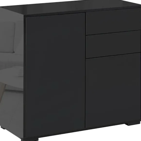 Rootz Ståskab - Skænk Kommode - Moderne Stil - 2 Skuffer - 2 Skabe - Spånplade - Sort - 79W x 36D x 74H cm