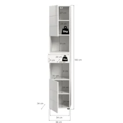Rootz Tall Cabinet - Badeværelsesopbevaringsenhed - Højglans hvidt skab - Maksimal opbevaring - 38x190x34 cm