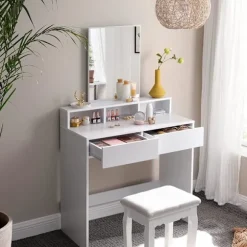 Rootz Toiletbord - Comestica Bord - Make-up bord - 2 skuffer - Spejl - Åbne rum - Forarbejdet træ - Hvid - 80 x 40 x 140 cm