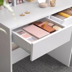 Rootz Toiletbord - Foldespejl og 2 skuffer - Makeup Skrivebord Med hylder - Soveværelse Organizer - Vaskebord - Stilfuldt vaskebord - Spånplade - Hvid | Fyndiq