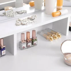 Rootz Toiletbord - Foldespejl og 2 skuffer - Makeup Skrivebord Med hylder - Soveværelse Organizer - Vaskebord - Stilfuldt vaskebord - Spånplade - Hvid | Fyndiq