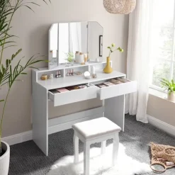 Rootz Toiletbord - Foldespejl og 2 skuffer - Makeup Skrivebord Med hylder - Soveværelse Organizer - Vaskebord - Stilfuldt vaskebord - Spånplade - Hvid | Fyndiq