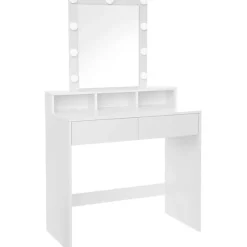 Rootz Toiletbord - Kosmetikbord - Spejl - Belysning - 2 skuffer - Åbne rum - Hvid - Forarbejdet træ - 80 x 40 x 145 cm