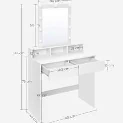 Rootz Toiletbord - Kosmetikbord - Spejl - Belysning - 2 skuffer - Åbne rum - Hvid - Forarbejdet træ - 80 x 40 x 145 cm