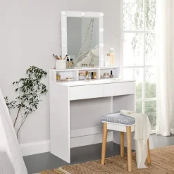 Rootz Toiletbord - Kosmetikbord - Spejl - Belysning - 2 skuffer - Åbne rum - Hvid - Forarbejdet træ - 80 x 40 x 145 cm