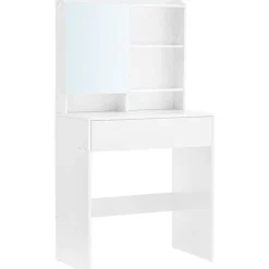 Rootz Toiletbord - Kosmetikbord - Åbne rum - Spejl - 1 skuffe - Justerbare hylder - Hvid - Forarbejdet træ - 70 x 40 x 136 cm