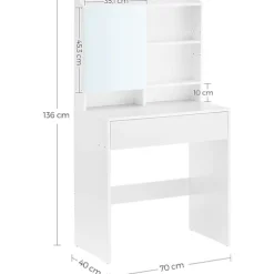Rootz Toiletbord - Kosmetikbord - Åbne rum - Spejl - 1 skuffe - Justerbare hylder - Hvid - Forarbejdet træ - 70 x 40 x 136 cm