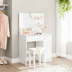 Rootz Toiletbord - Med hylder og skuffe - Makeup Skrivebord med hylder - Soveværelse Organizer - Vaskebord - Stilfuldt vaskebord - Spånplade - Hvid - | Fyndiq