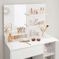 Rootz Toiletbord - Med hylder og skuffe - Makeup Skrivebord med hylder - Soveværelse Organizer - Vaskebord - Stilfuldt vaskebord - Spånplade - Hvid - | Fyndiq