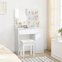 Rootz Toiletbord - Med hylder og skuffe - Makeup Skrivebord med hylder - Soveværelse Organizer - Vaskebord - Stilfuldt vaskebord - Spånplade - Hvid - | Fyndiq
