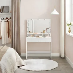 Rootz Toiletbord - Med spejl og glødepærer - Makeup Toiletbord - Oplyst spejlkommode - Kosmetisk vaskebord - Spånplade - Melaminbelægning - Hvid - 80 | Fyndiq