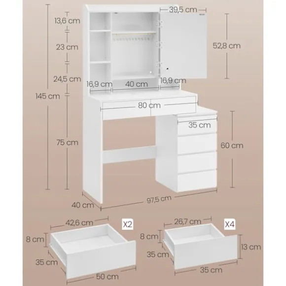 Rootz Toiletbord med LED-belysning - Sminkebord - Makeupbord - Moderne design - Cloud White - 120cm x 40cm x 75cm