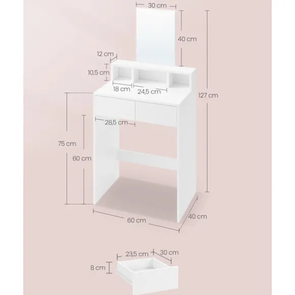 Rootz Toiletbord med spejl og 2 skuffer - Vaskebord - Makeup skrivebord - Hvid - 40 cm x 60 cm x 127 cm - Ingen batterier påkrævet