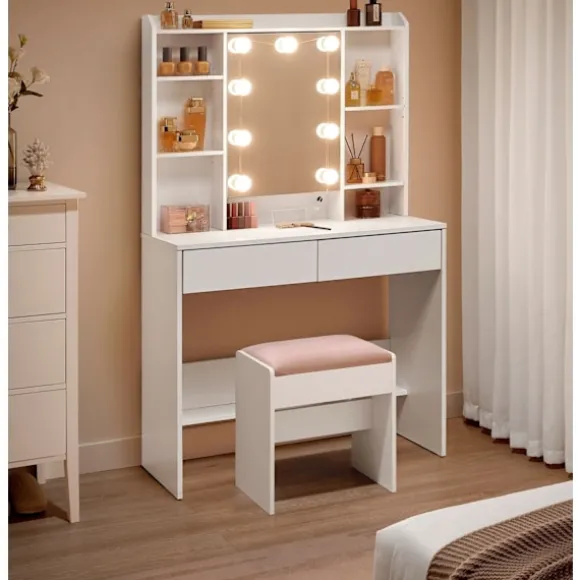 Rootz Toiletbord med spejl - Sminkebord - Makeupbord - Spånplade - 40 cm x 90 cm x 144,7 cm - Cloud White - 32,3 kg