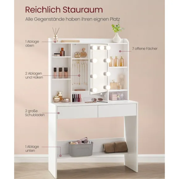 Rootz Toiletbord med spejl - Sminkebord - Makeupbord - Spånplade - 40 cm x 90 cm x 144,7 cm - Cloud White - 32,3 kg