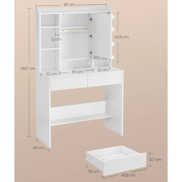 Rootz Toiletbord med spejl - Sminkebord - Makeupbord - Spånplade - 40 cm x 90 cm x 144,7 cm - Cloud White - 32,3 kg